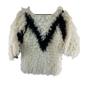 le Chois Shag Sweater White Black Chevron Fringed Loopy Knit Women Size M